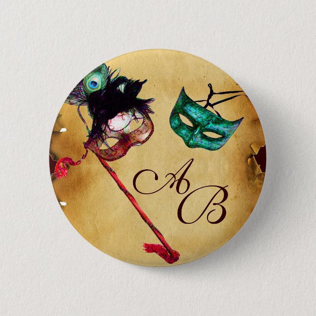BADGE ROND 5 CM MONOGRAMME DU PARTI MARDI GRAS MASQUERADE (Devant)