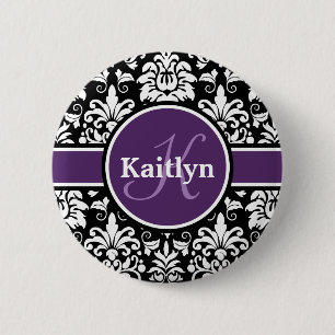 Badge Rond 5 Cm Monogramme élégant violet noir blanc Damas