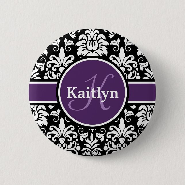 Badge Rond 5 Cm Monogramme élégant violet noir blanc Damas (Devant)
