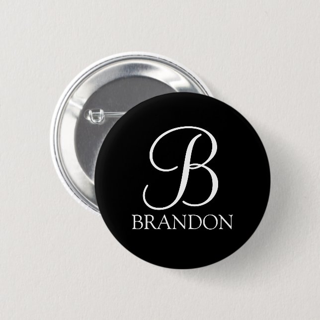 Badge Rond 5 Cm Monogramme et nom de script personnalisé noir (Devant & derrière)