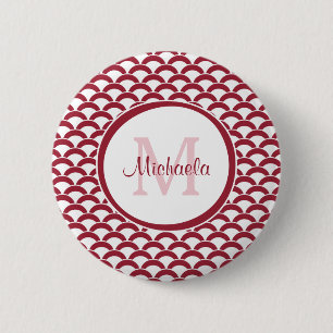 Badge Rond 5 Cm Monogramme et nom des pétoncles rouges et blancs m