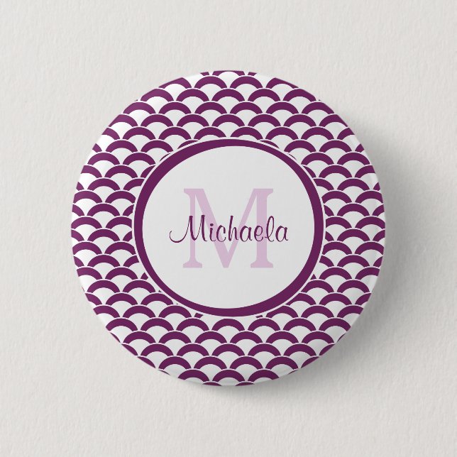 Badge Rond 5 Cm Monogramme et nom des pétoncles violets et blancs  (Devant)