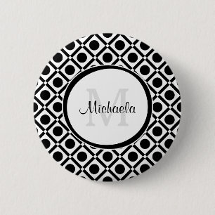 Badge Rond 5 Cm Monogramme et nom géométrique noir et blanc modern