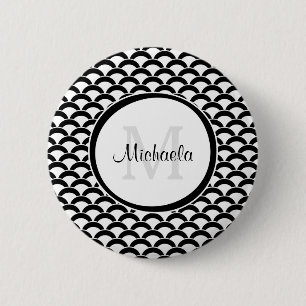 Badge Rond 5 Cm Monogramme et nom modernes en noir et blanc à coqu