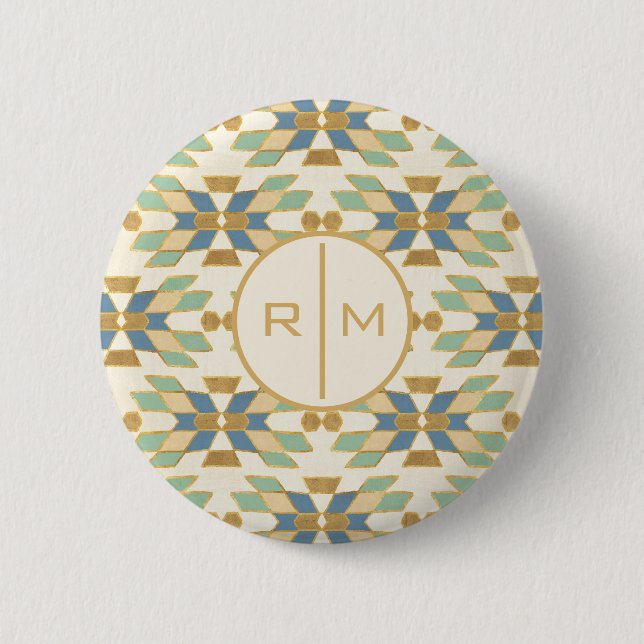 Badge Rond 5 Cm Monogramme| Extérieur Geo Step| Motif tribal (Devant)