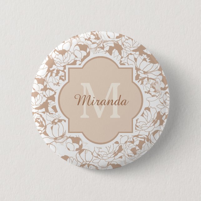 Badge Rond 5 Cm Monogramme Fille Florale Tan Moderne Avec Nom (Devant)