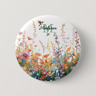 Badge Rond 5 Cm Monogramme Fleurs Sauvages Aquarelle Nom Personnal