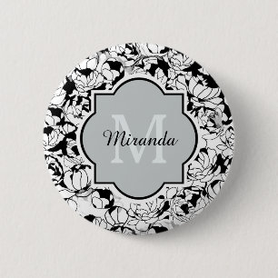 Badge Rond 5 Cm Monogramme Floral Blanc Noir Moderne Avec Nom