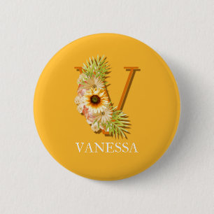 Badge Rond 5 Cm Monogramme floral de tournesol avec la lettre V et
