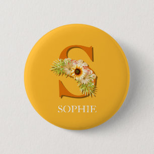 Badge Rond 5 Cm Monogramme floral de tournesol avec lettre S et no