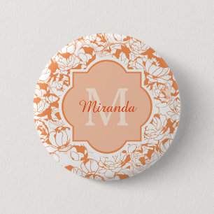 Badge Rond 5 Cm Monogramme Floral Orange Moderne Avec Nom