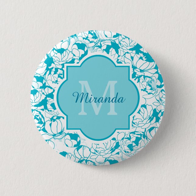 Badge Rond 5 Cm Monogramme Floral Turquoise Moderne Avec Nom (Devant)