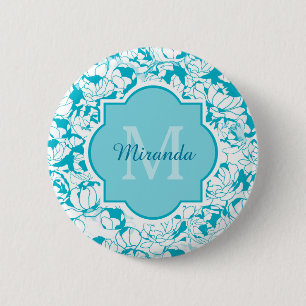 Badge Rond 5 Cm Monogramme Floral Turquoise Moderne Avec Nom