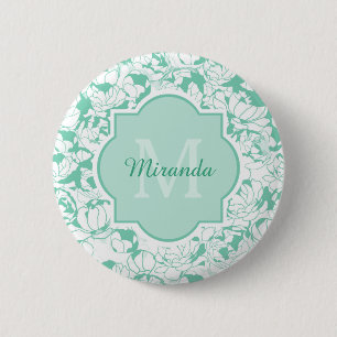 Badge Rond 5 Cm Monogramme Floral Vert Mint Moderne Avec Nom
