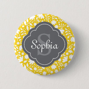 Badge Rond 5 Cm Monogramme gris Quatrefoil Jaune Motif Floral