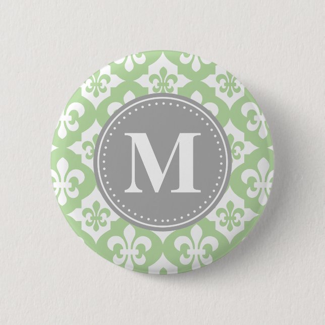 Badge Rond 5 Cm Monogramme gris vert à la menthe de fleur de lis (Devant)