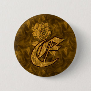 Badge Rond 5 Cm Monogramme Initiale E Élégante Pivoine Or 
