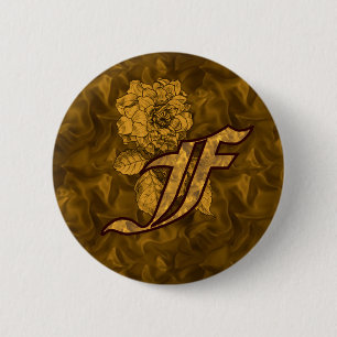 Badge Rond 5 Cm Monogramme Initiale F Élégant Pivoine Or 