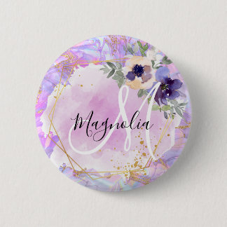 Badge Rond 5 Cm Monogramme Marbré Arc-en-ciel Fleur Violet, Rose &