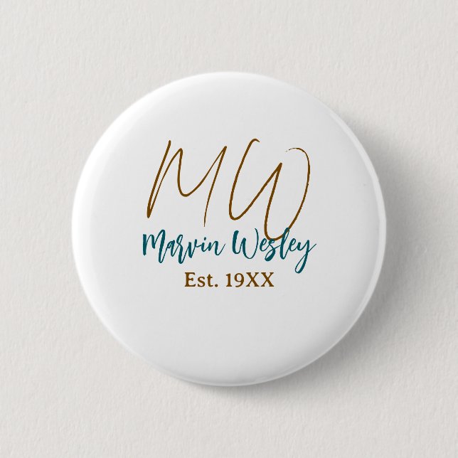 Badge Rond 5 Cm Monogramme marron bleu turquoise année d'estimatio (Devant)