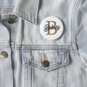Badge Rond 5 Cm Monogramme moderne élégant Nom Black Gold Script