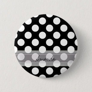 Badge Rond 5 Cm Monogramme Noir Blanc Chic Polka Motif