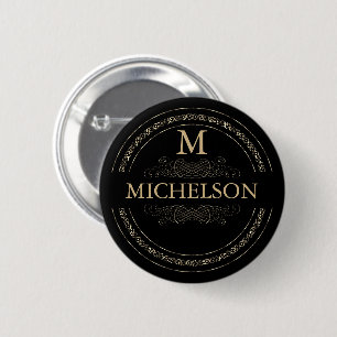 Badge Rond 5 Cm Monogramme noir et or/ Modèle de nom