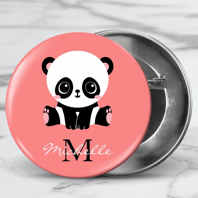 Badge Rond 5 Cm Monogramme Panda mignon rose personnalisé (Créateur téléchargé)