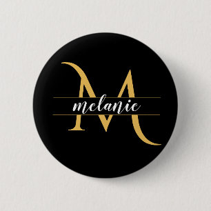 Badge Rond 5 Cm Monogramme partagé moderne or noir nom personnalis