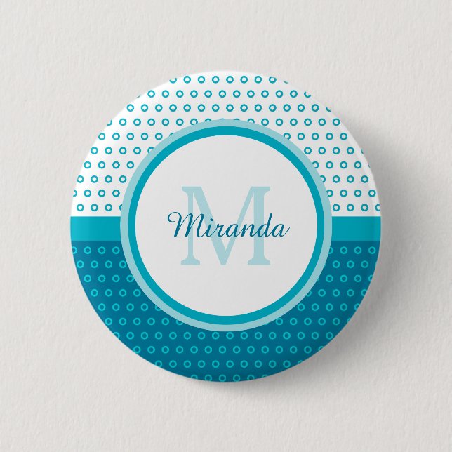 Badge Rond 5 Cm Monogramme Pois bleu turquoise mod avec nom (Devant)