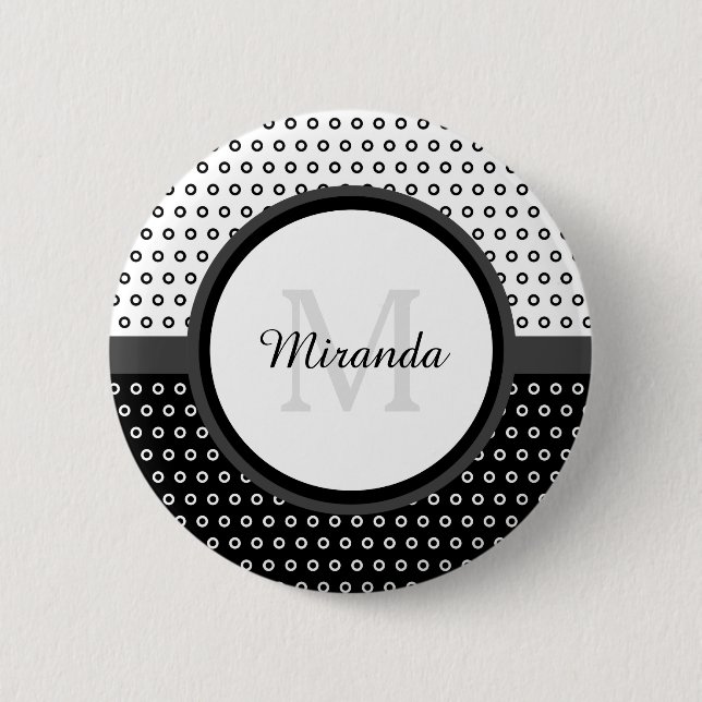 Badge Rond 5 Cm Monogramme Pois noir et blanc avec nom (Devant)