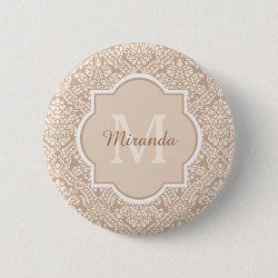 Badge Rond 5 Cm Monogramme Posh Tan Damask Avec Nom