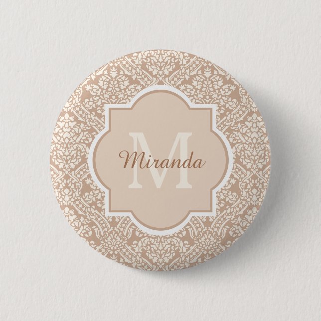 Badge Rond 5 Cm Monogramme Posh Tan Damask Avec Nom (Devant)