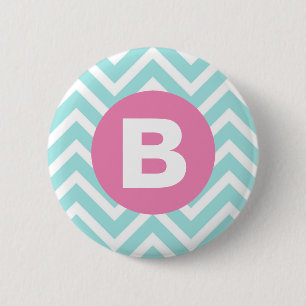 Badge Rond 5 Cm Monogramme rose chevron bleu clair tendance