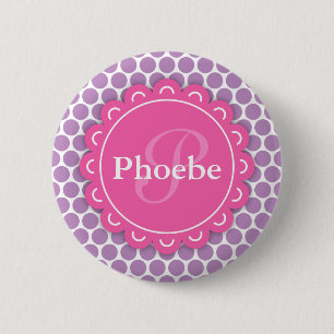 Badge Rond 5 Cm Monogramme rose moderne de fleurs Pois violets