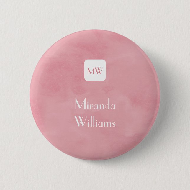 Badge Rond 5 Cm Monogramme rose pâle simple et chic avec nom (Devant)