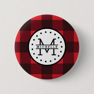 Badge Rond 5 Cm Monogramme rouge de nom de bûcheron de plaid de