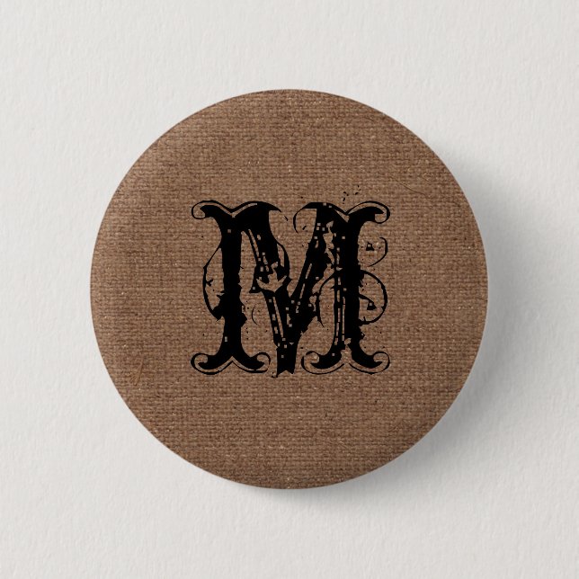 Badge Rond 5 Cm Monogramme rustique de noir de toile de jute - (Devant)