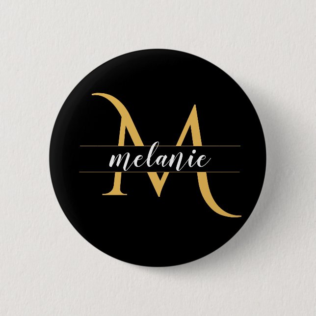 Badge Rond 5 Cm Monogramme Split Moderne Or Noir Nom Personnalisé (Devant)