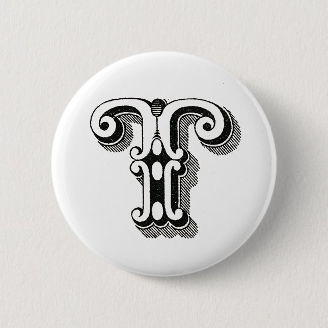 Badge Rond 5 Cm Monogramme T, lettre T, alphabet T, noir et blanc (Devant)