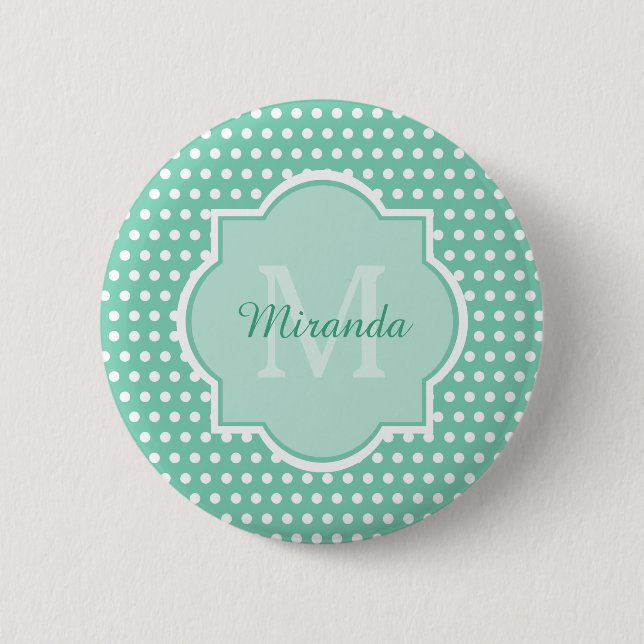 Badge Rond 5 Cm Monogramme vert de la menthe Pois Posh et nom (Devant)