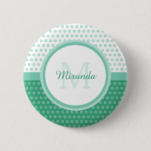 Badge Rond 5 Cm Monogramme vert et blanc Pois avec nom