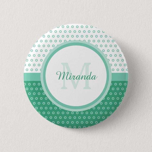 Badge Rond 5 Cm Monogramme vert et blanc Pois avec nom (Devant)