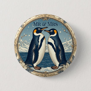 Badge Rond 5 Cm Monsieur et Madame Couple de Manchots Neige Hiver