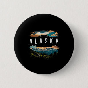 Badge Rond 5 Cm Montagnes d'Alaska Usa Randonnée Extérieur Vintage
