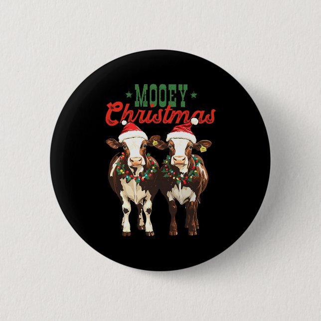 Badge Rond 5 Cm Mooey Christmas Cow With Santa Hats Xmas Lights Me (Devant)