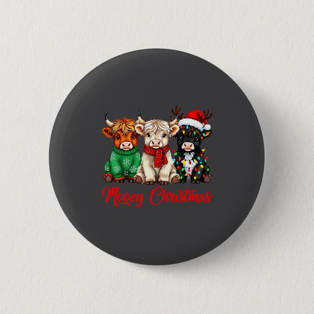 Badge Rond 5 Cm Mooey Christmas Lights Santa Hat Xmas Highland Cow (Devant)