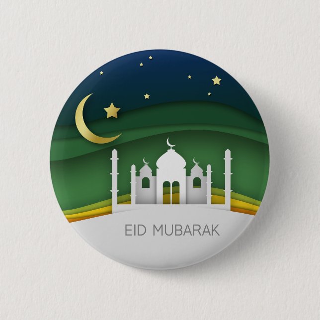 Badge Rond 5 Cm Mosquée de coupure de papier moderne Aïd Moubarak  (Devant)