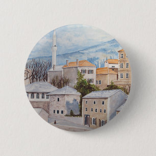 Badge Rond 5 Cm Mostar, Bosnie - Peinture Townscape Acrylique
