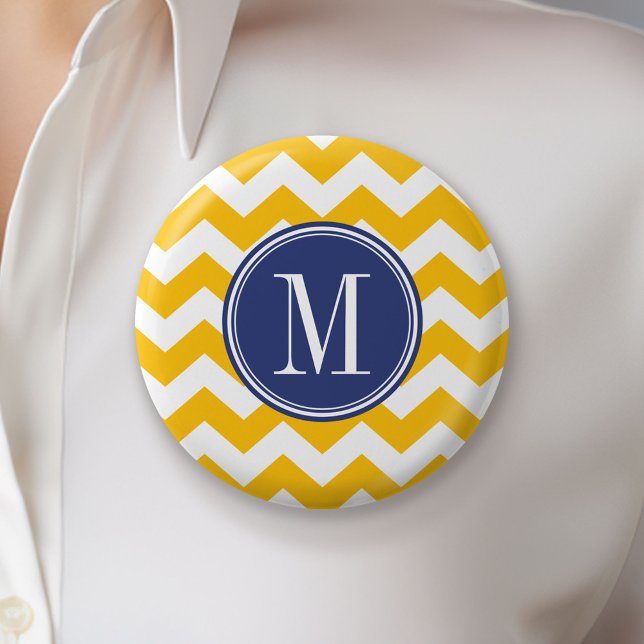 Badge Rond 5 Cm Motif Chevron jaune et bleu avec Monogramme (Custom Button)